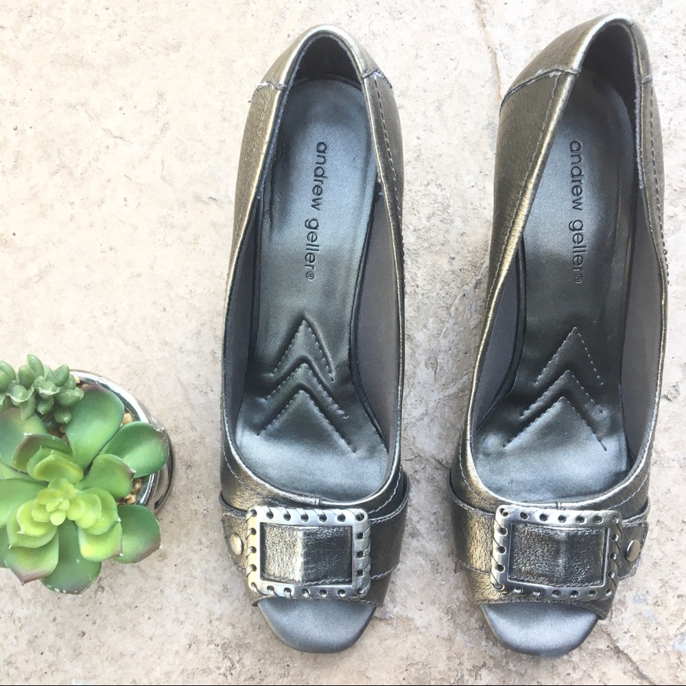 Andrew Geller pewter Always peep toe wedge buckle